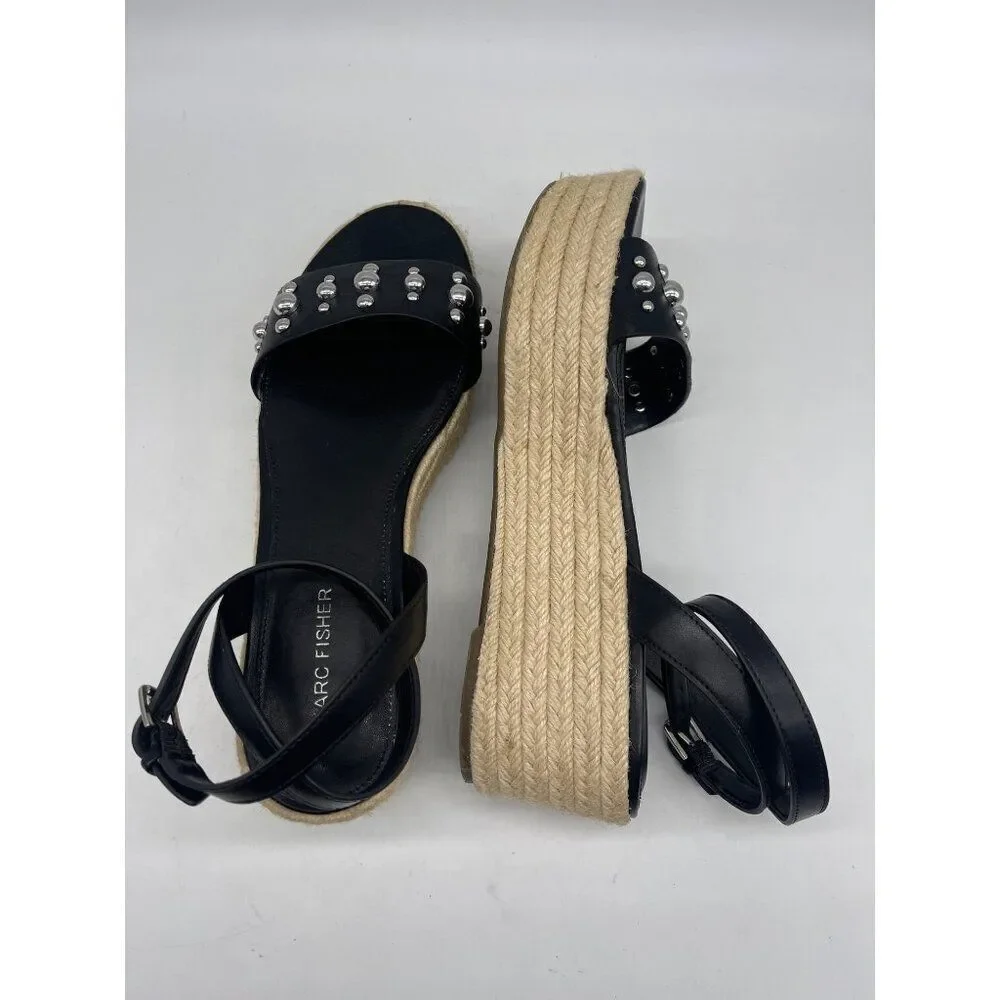 Marc Fisher Joyce Women Black Espadrille Studded Platform Slingback Sandal Size